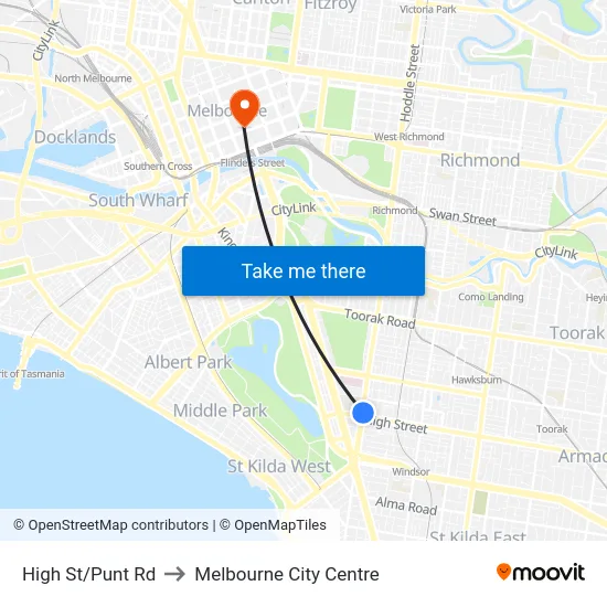 High St/Punt Rd to Melbourne City Centre map