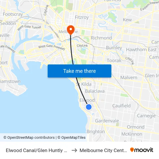 Elwood Canal/Glen Huntly Rd to Melbourne City Centre map