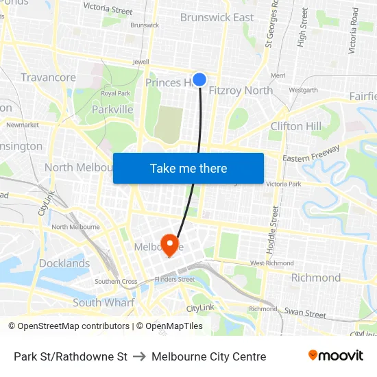 Park St/Rathdowne St to Melbourne City Centre map