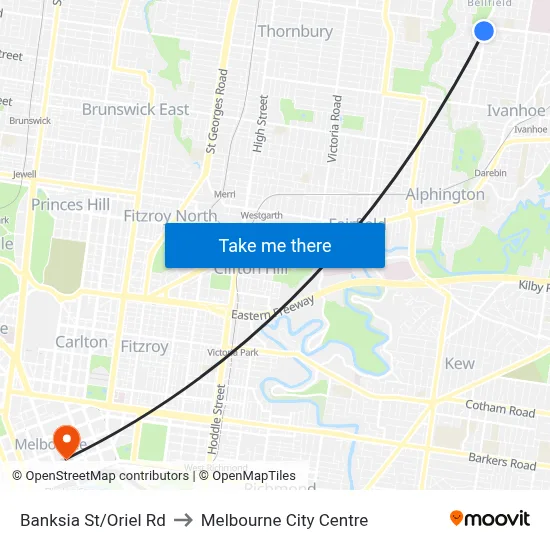 Banksia St/Oriel Rd to Melbourne City Centre map