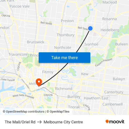 The Mall/Oriel Rd to Melbourne City Centre map