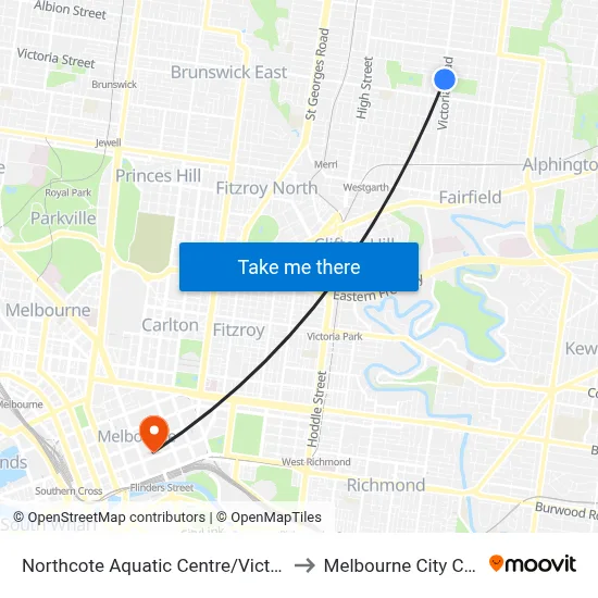 Northcote Aquatic Centre/Victoria Rd to Melbourne City Centre map