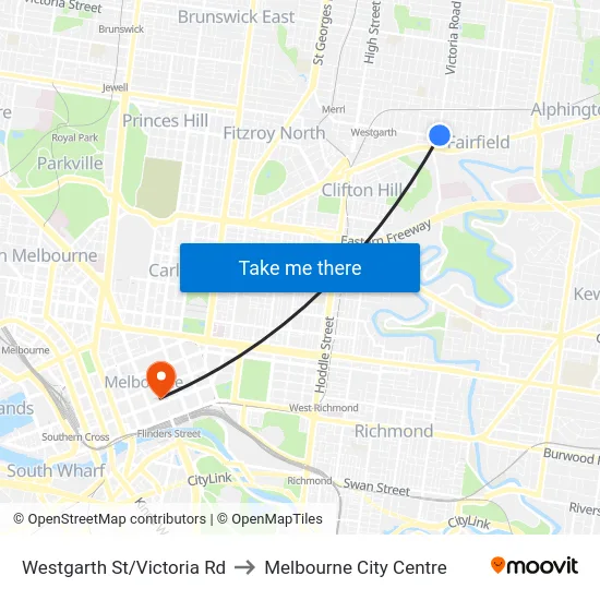 Westgarth St/Victoria Rd to Melbourne City Centre map