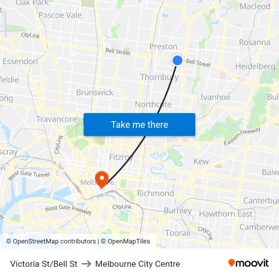 Victoria St/Bell St to Melbourne City Centre map