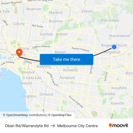 Oban Rd/Warrandyte Rd to Melbourne City Centre map