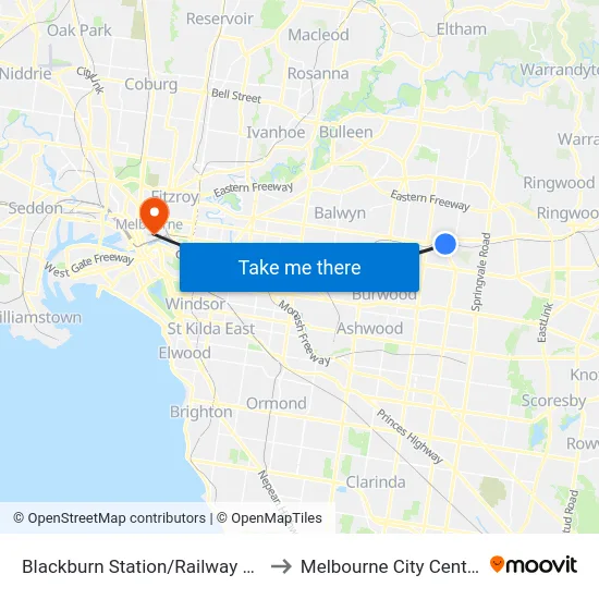 Blackburn Station/Railway Rd to Melbourne City Centre map