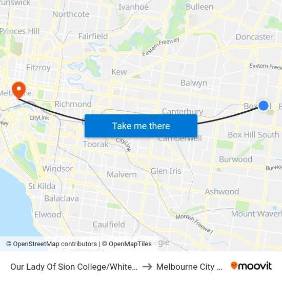 Our Lady Of Sion College/Whitehorse Rd to Melbourne City Centre map