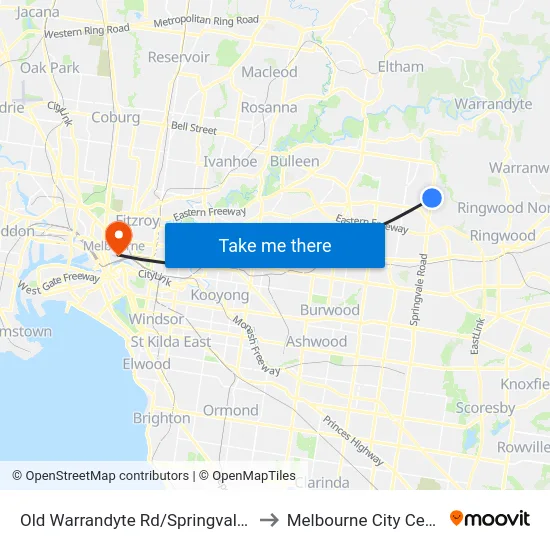 Old Warrandyte Rd/Springvale Rd to Melbourne City Centre map