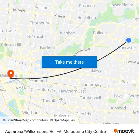 Aquarena/Williamsons Rd to Melbourne City Centre map