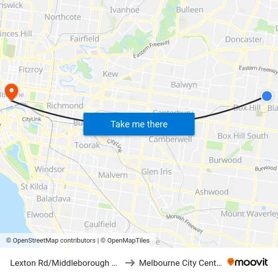 Lexton Rd/Middleborough Rd to Melbourne City Centre map