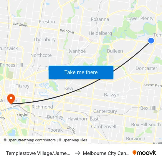 Templestowe Village/James St to Melbourne City Centre map