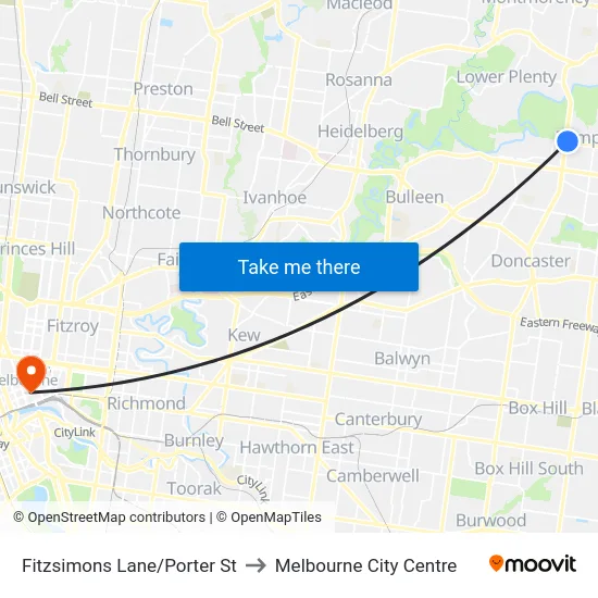 Fitzsimons Lane/Porter St to Melbourne City Centre map