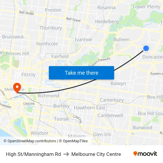 High St/Manningham Rd to Melbourne City Centre map