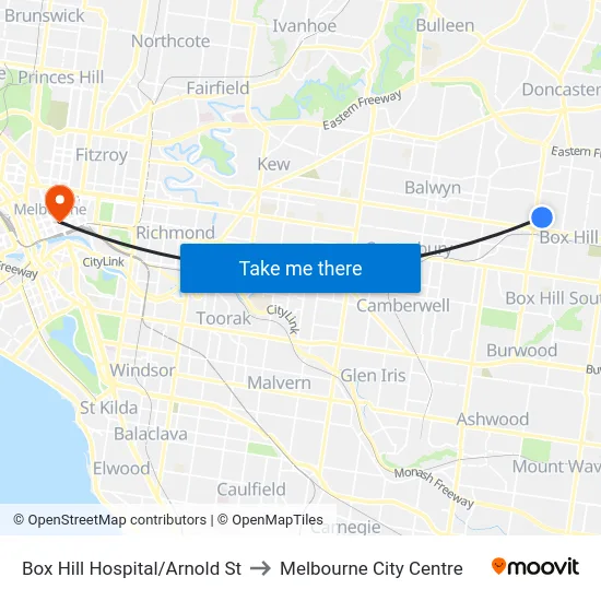 Box Hill Hospital/Arnold St to Melbourne City Centre map