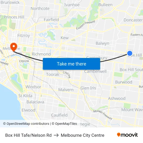 Box Hill Tafe/Nelson Rd to Melbourne City Centre map