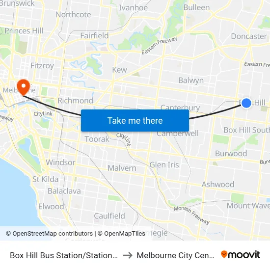 Box Hill Bus Station/Station St to Melbourne City Centre map