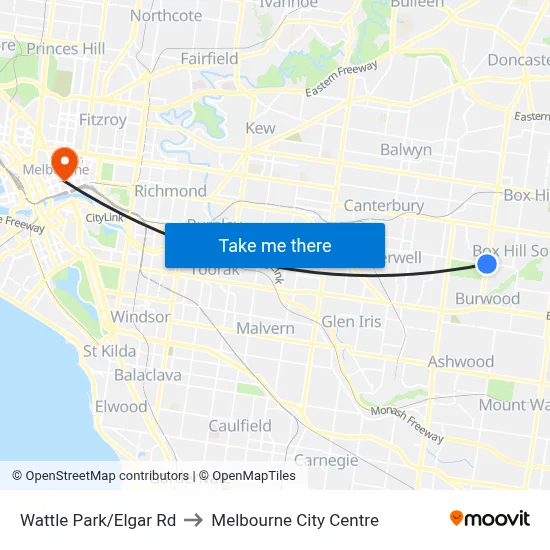 Wattle Park/Elgar Rd to Melbourne City Centre map