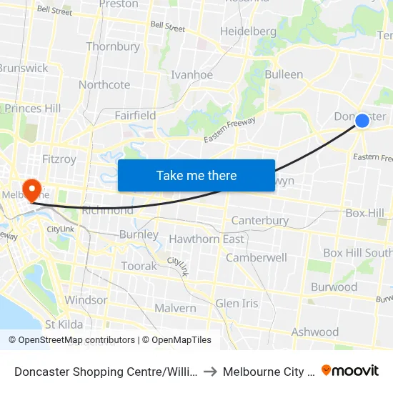 Doncaster Shopping Centre/Williamsons Rd to Melbourne City Centre map