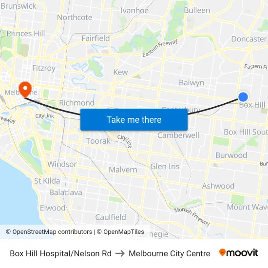 Box Hill Hospital/Nelson Rd to Melbourne City Centre map