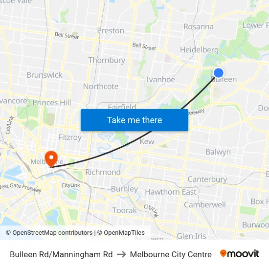 Bulleen Rd/Manningham Rd to Melbourne City Centre map