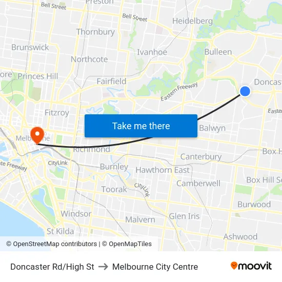Doncaster Rd/High St to Melbourne City Centre map