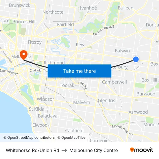 Whitehorse Rd/Union Rd to Melbourne City Centre map