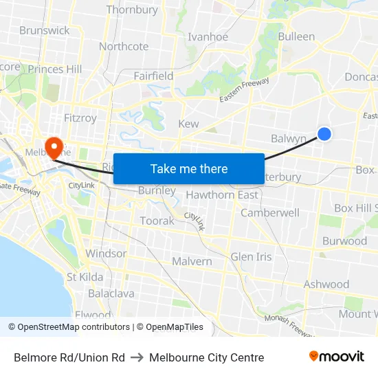 Belmore Rd/Union Rd to Melbourne City Centre map
