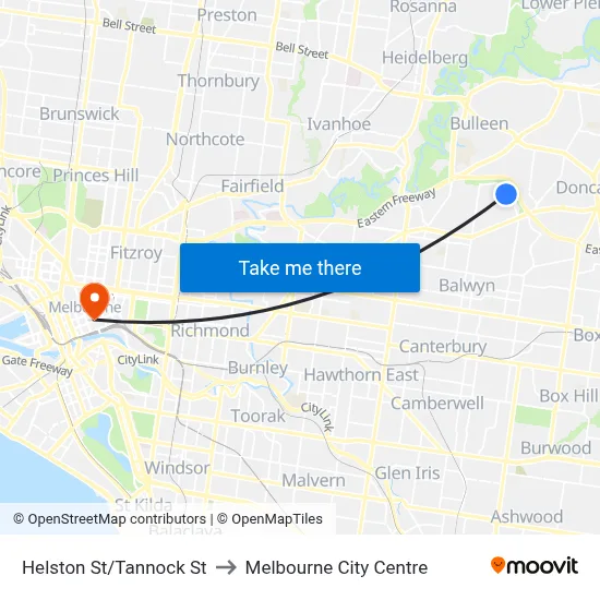 Helston St/Tannock St to Melbourne City Centre map