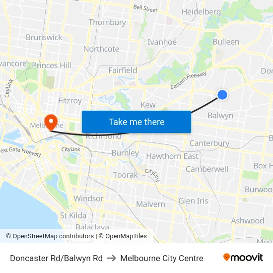 Doncaster Rd/Balwyn Rd to Melbourne City Centre map