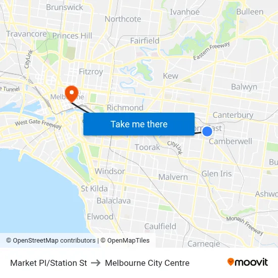 Market Pl/Station St to Melbourne City Centre map
