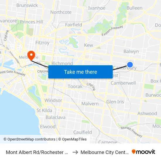 Mont Albert Rd/Rochester Rd to Melbourne City Centre map