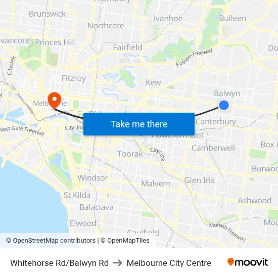 Whitehorse Rd/Balwyn Rd to Melbourne City Centre map