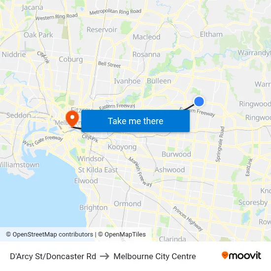 D'Arcy St/Doncaster Rd to Melbourne City Centre map
