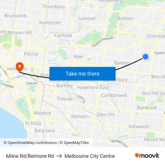 Milne Rd/Belmore Rd to Melbourne City Centre map