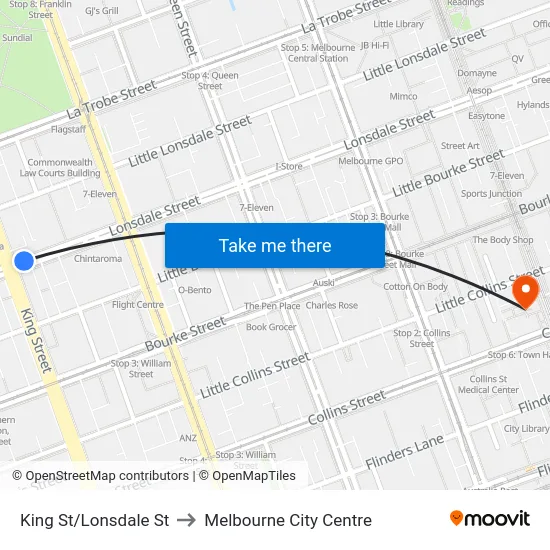 King St/Lonsdale St to Melbourne City Centre map