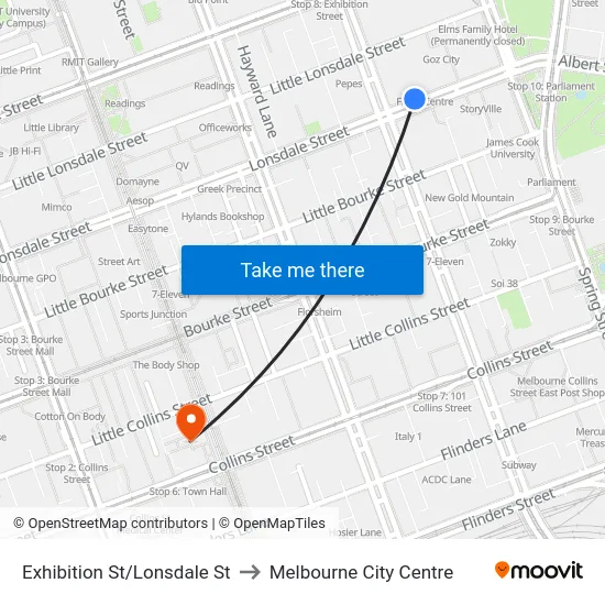 Exhibition St/Lonsdale St to Melbourne City Centre map