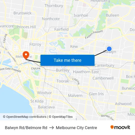 Balwyn Rd/Belmore Rd to Melbourne City Centre map