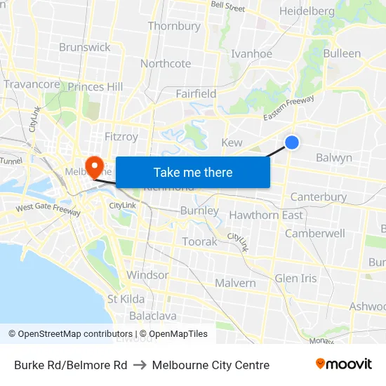 Burke Rd/Belmore Rd to Melbourne City Centre map