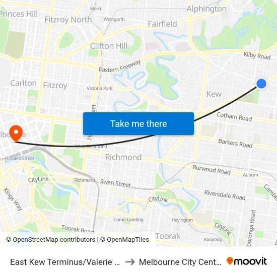East Kew Terminus/Valerie St to Melbourne City Centre map