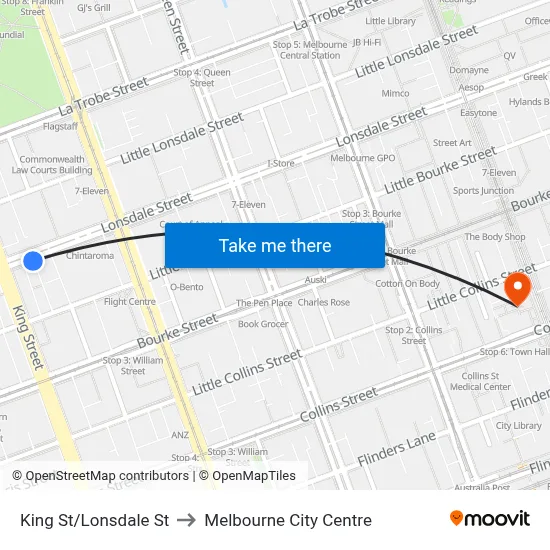 King St/Lonsdale St to Melbourne City Centre map
