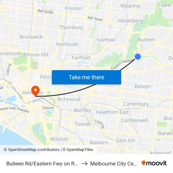 Bulleen Rd/Eastern Fwy on Ramp to Melbourne City Centre map