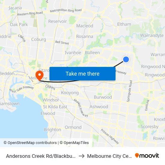 Andersons Creek Rd/Blackburn Rd to Melbourne City Centre map