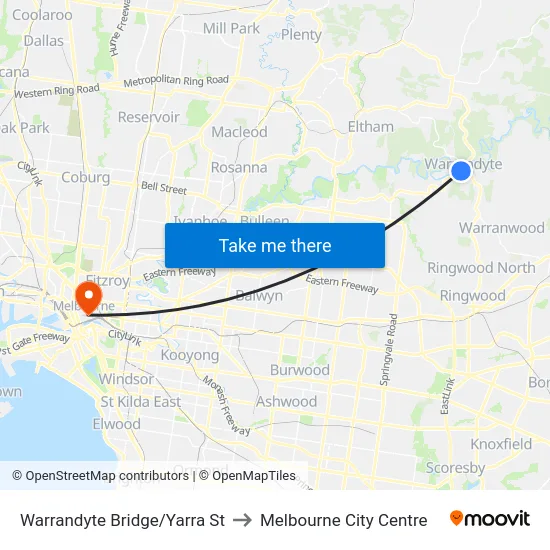 Warrandyte Bridge/Yarra St to Melbourne City Centre map