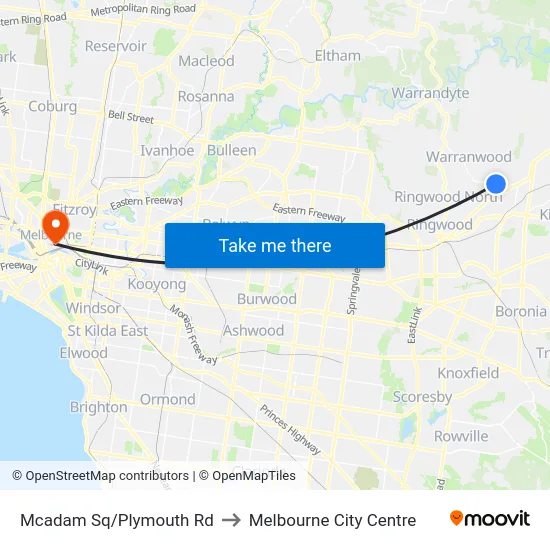 Mcadam Sq/Plymouth Rd to Melbourne City Centre map
