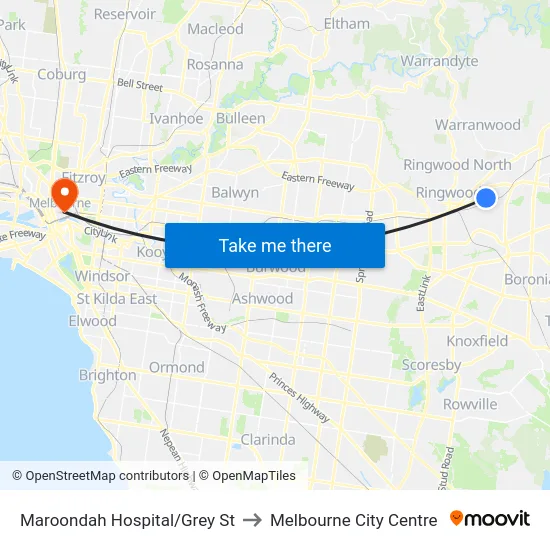 Maroondah Hospital/Grey St to Melbourne City Centre map