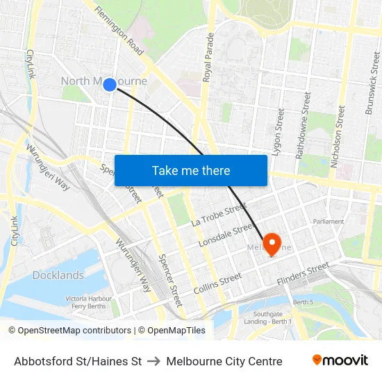 Abbotsford St/Haines St to Melbourne City Centre map