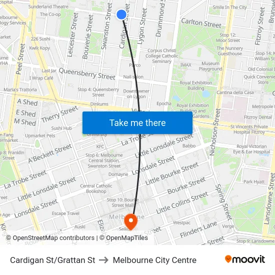 Cardigan St/Grattan St to Melbourne City Centre map