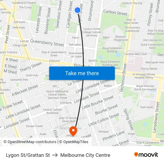 Lygon St/Grattan St to Melbourne City Centre map