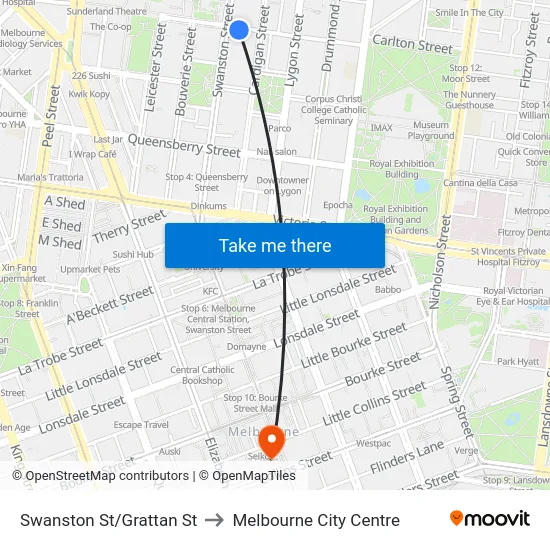 Swanston St/Grattan St to Melbourne City Centre map