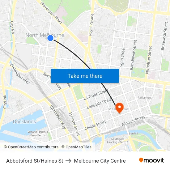 Abbotsford St/Haines St to Melbourne City Centre map